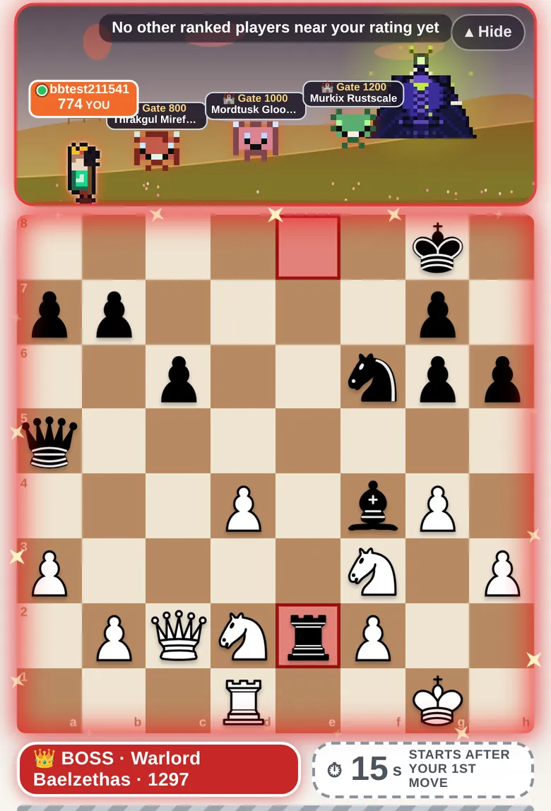 A Blunderer boss fight: a horned pixel boss named Warlord Baelzethas above the board, with a 15-second clock