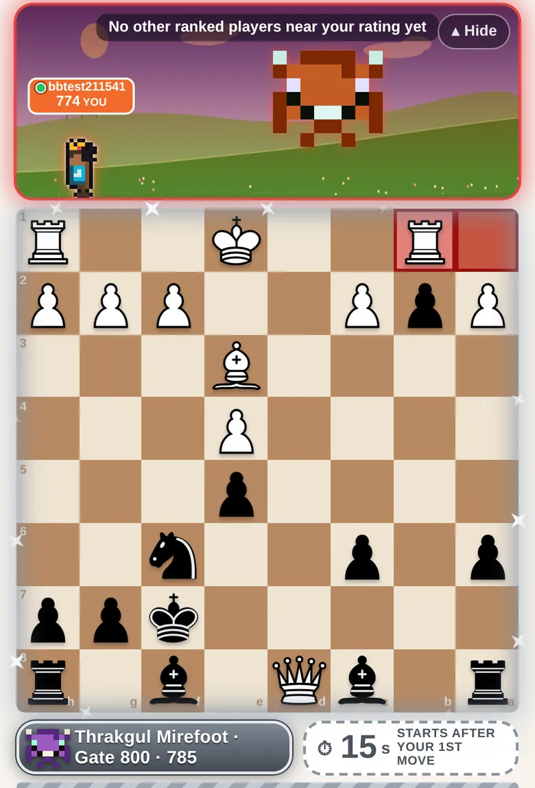 A Blunderer gatekeeper fight: the pixel monster Thrakgul Mirefoot guarding Gate 800 above the board, with a 15-second clock