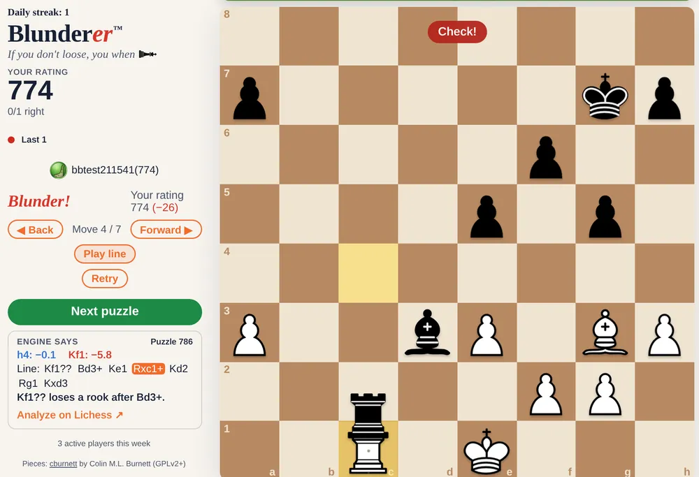 Blunderer after a wrong answer: Blunder! with Back, Forward, Play line and Retry buttons, the engine scores for both moves and the line Kf1?? Bd3+ that loses a rook